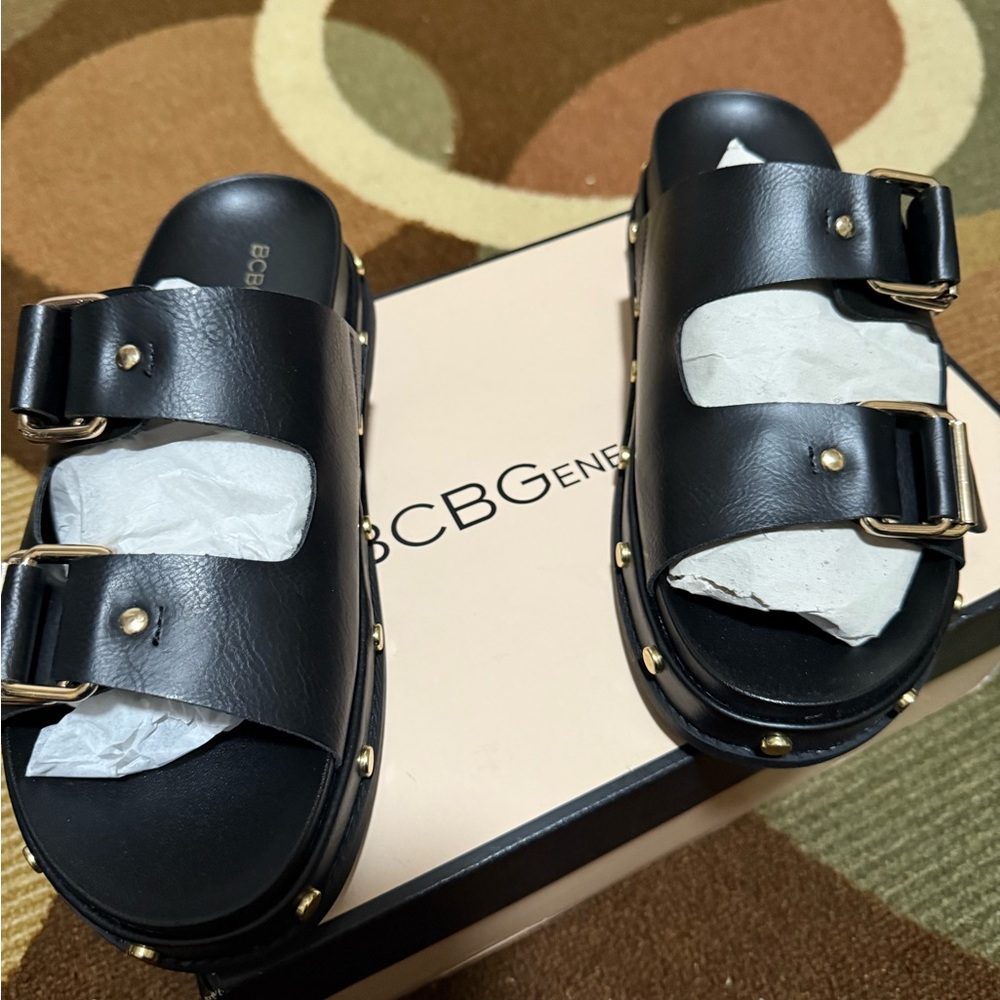 BCBGeneration Black Sandals with Gold Buckles - Picture 3 of 8